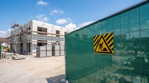 Gelb-schwarzes Hinweisschild zur Videoueberwachung an einem Bauzaun vor einem aufgeraeumten Rohbau