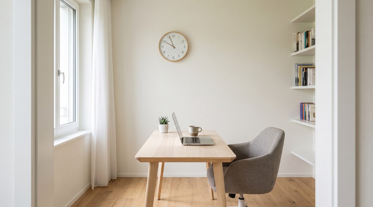 Aufgeraeumtes Buero mit Wanduhr, Schreibtisch und Regal