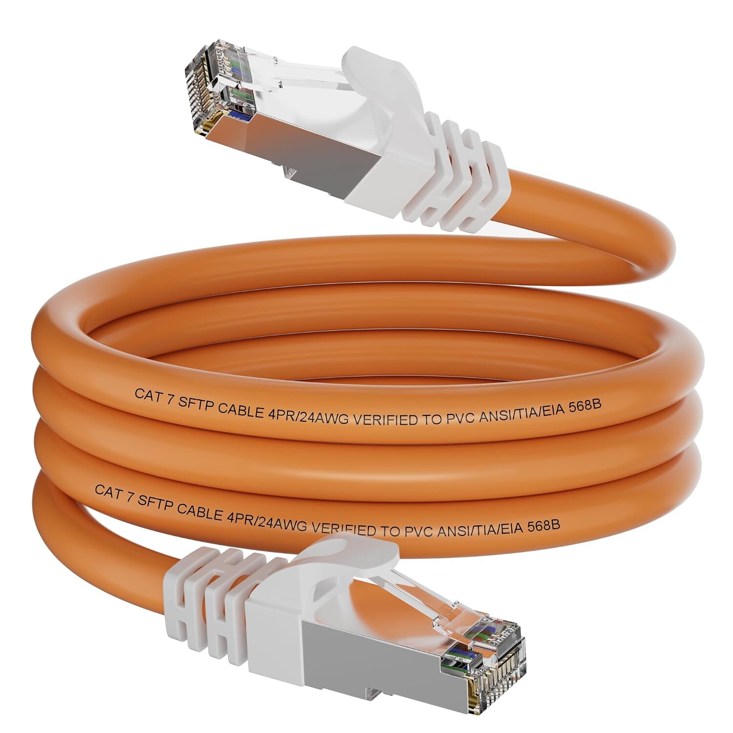 Cat 7 Netzwerkkabel orange mit RJ45-Steckern Orangefarbenes Cat-7-Netzwerkkabel aufgerollt mit zwei geschirmten RJ45-Metallsteckern