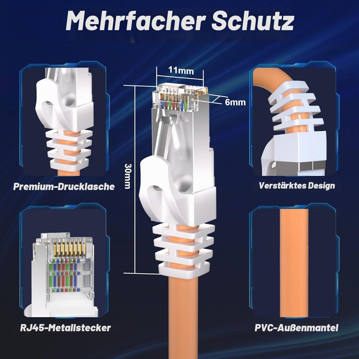 Detailaufnahmen des RJ45-Metallsteckers mit Drucklasche, Knickschutz und Massangaben 30 mm, 11 mm und 6 mm