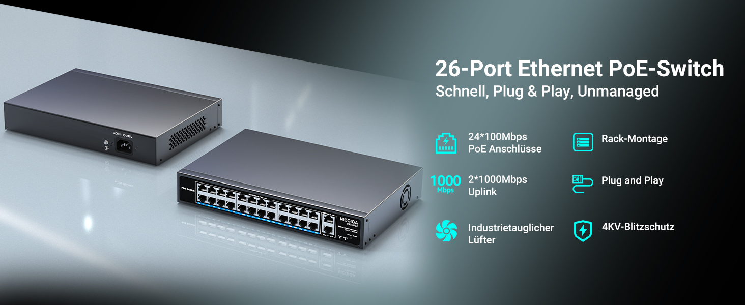 Schwarzer 19-Zoll-PoE-Switch NICGIGA FS2420GP mit 24 PoE-Ports und zwei Uplink-Ports an der Frontseite. – Detail 1