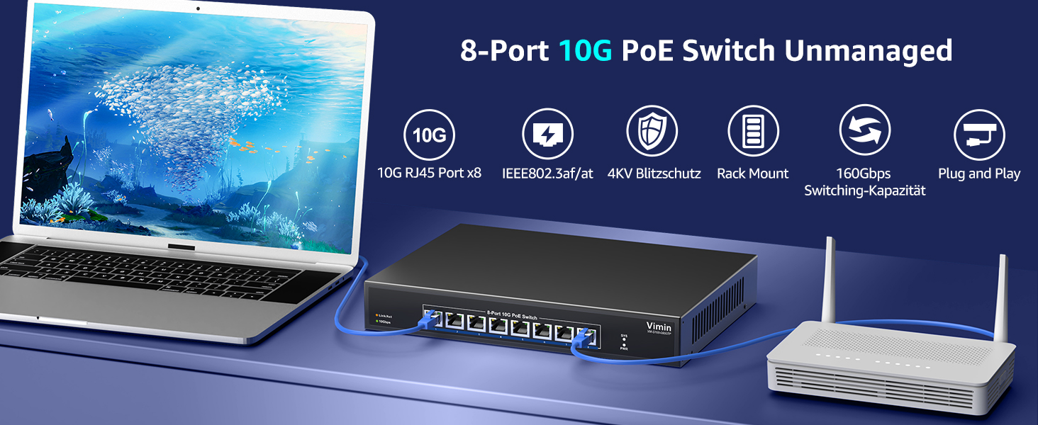 Schwarzer VIMIN 10-Gigabit-PoE-Switch mit acht RJ45-Ports im Metallgehäuse, Frontansicht. – Detail 1