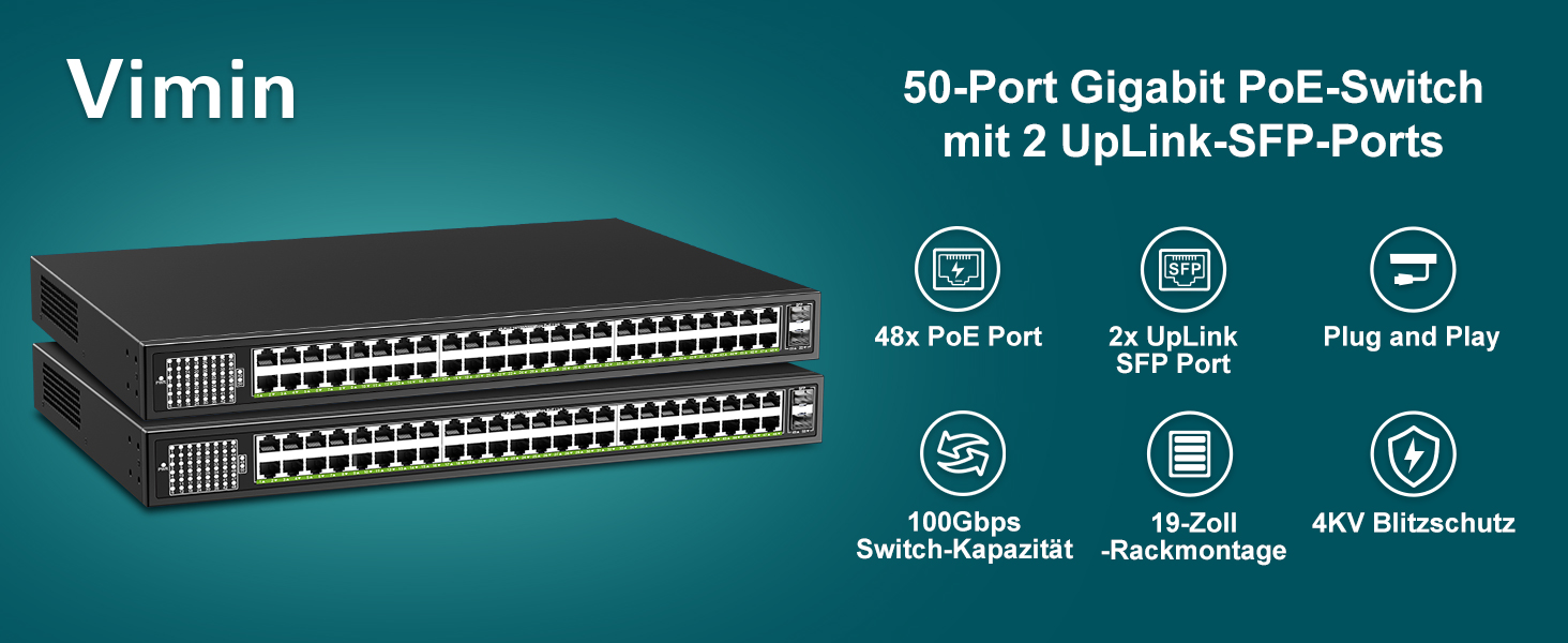 Schwarzer 19-Zoll-PoE-Switch VIMIN VM-GS4802P mit 48 Gigabit-Ports und zwei SFP-Uplinks an der Frontseite. – Detail 1