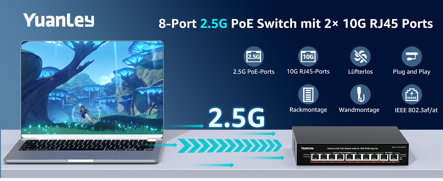 Schwarzer YuanLey 2,5-Gigabit-PoE-Switch mit acht PoE-Ports und zwei 10-Gigabit-Uplinks im lüfterlosen Metallgehäuse. – Detail 1