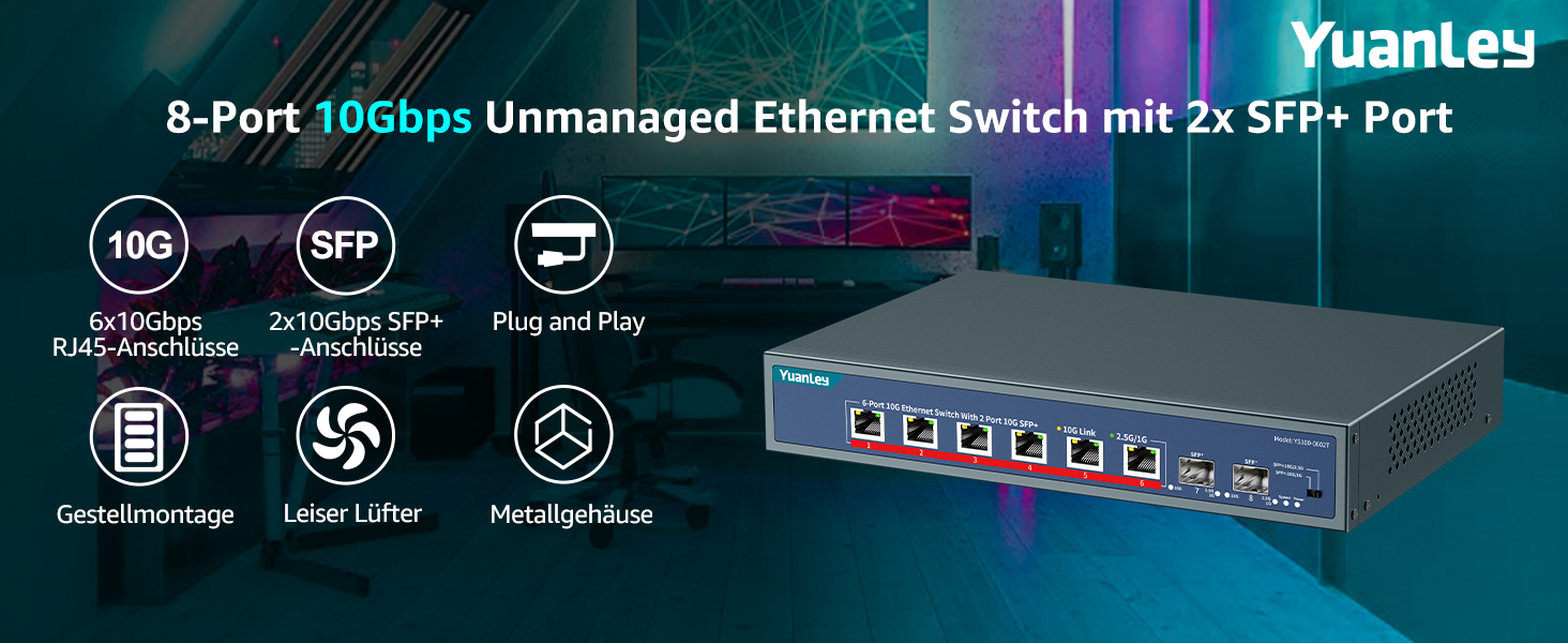 YuanLey Netzwerk-Switch im Metallgehäuse mit sechs RJ45-Anschlüssen und zwei SFP+-Steckplätzen an der Frontseite. – Detail 1