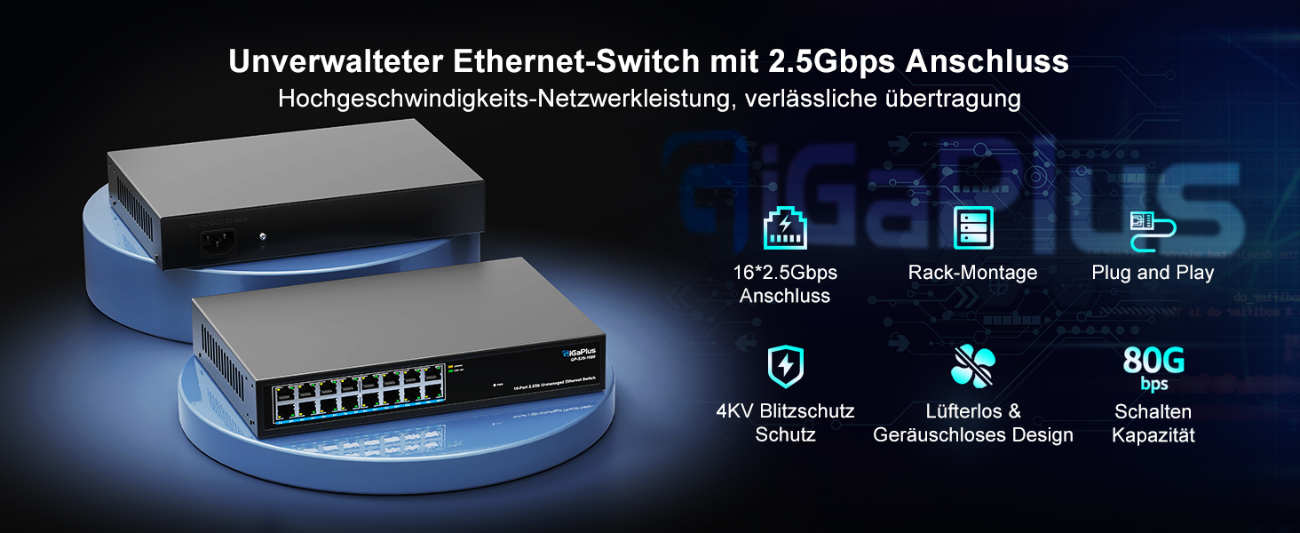 GiGaPlus S25-1600 Netzwerk-Switch im schwarzen Metallgehäuse mit 16 RJ45-Anschlüssen in einer Reihe an der Frontseite. – Detail 1