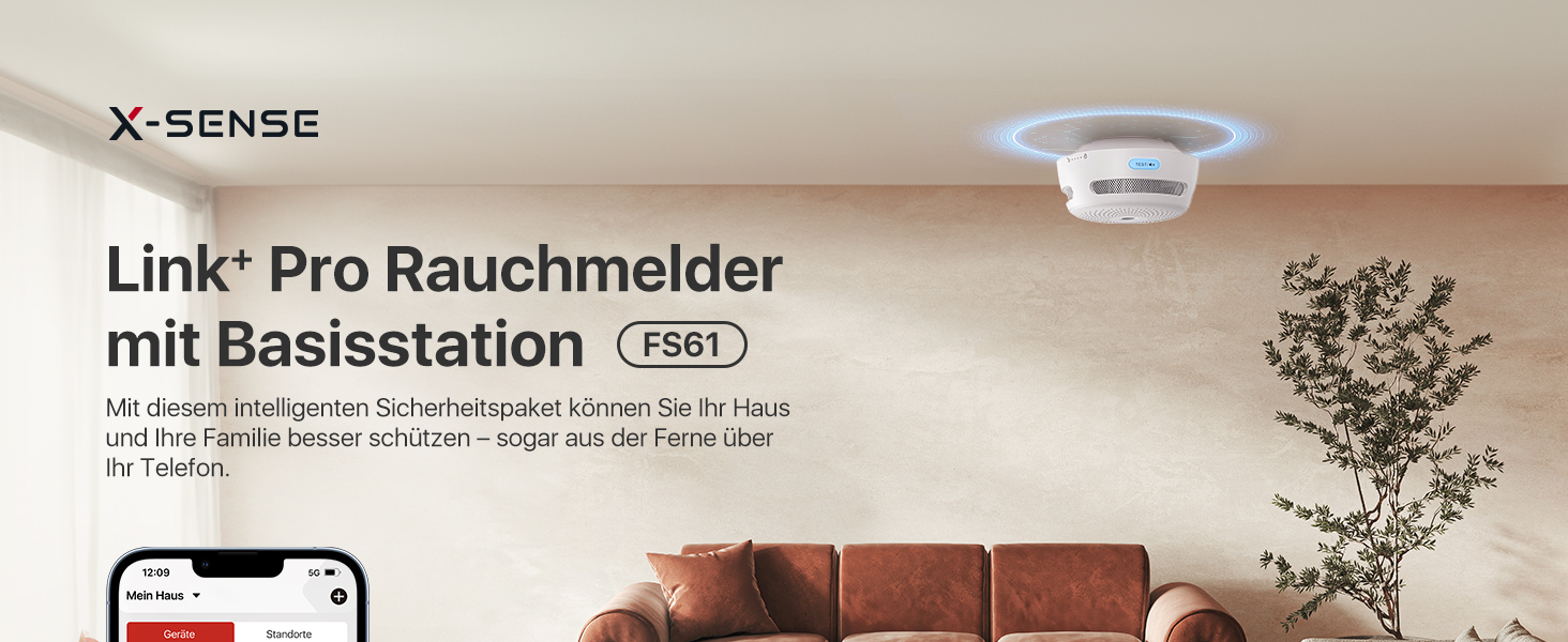 Weisser Rauchmelder X-Sense XS01-M neben der flachen quadratischen Basisstation SBS50 des Sets FS61. – Detail 1