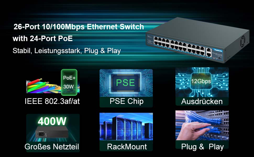 YuanLey 26 Port PoE-Switch im Metallgehäuse mit 24 PoE-Ports und zwei Gigabit-Uplinks auf der Frontseite. – Detail 1
