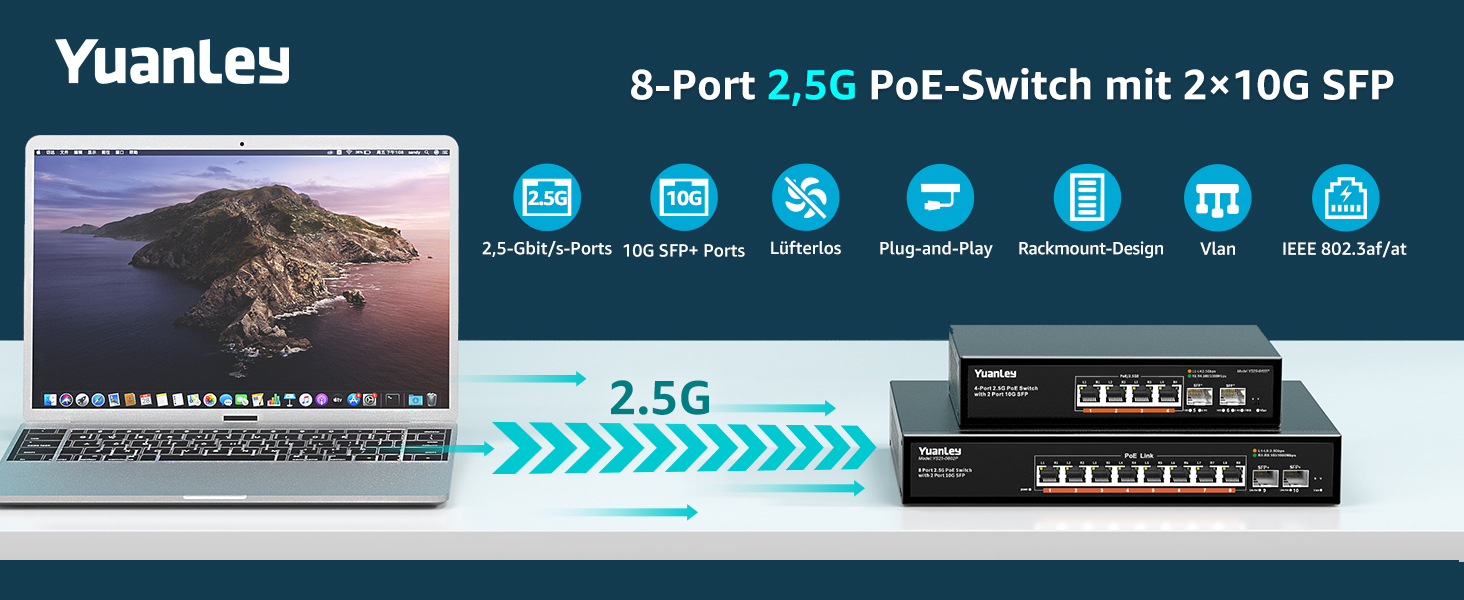 YuanLey 10 Port 2.5G PoE-Switch im schwarzen Metallgehäuse mit acht RJ45-PoE-Ports und zwei SFP+-Plätzen. – Detail 1