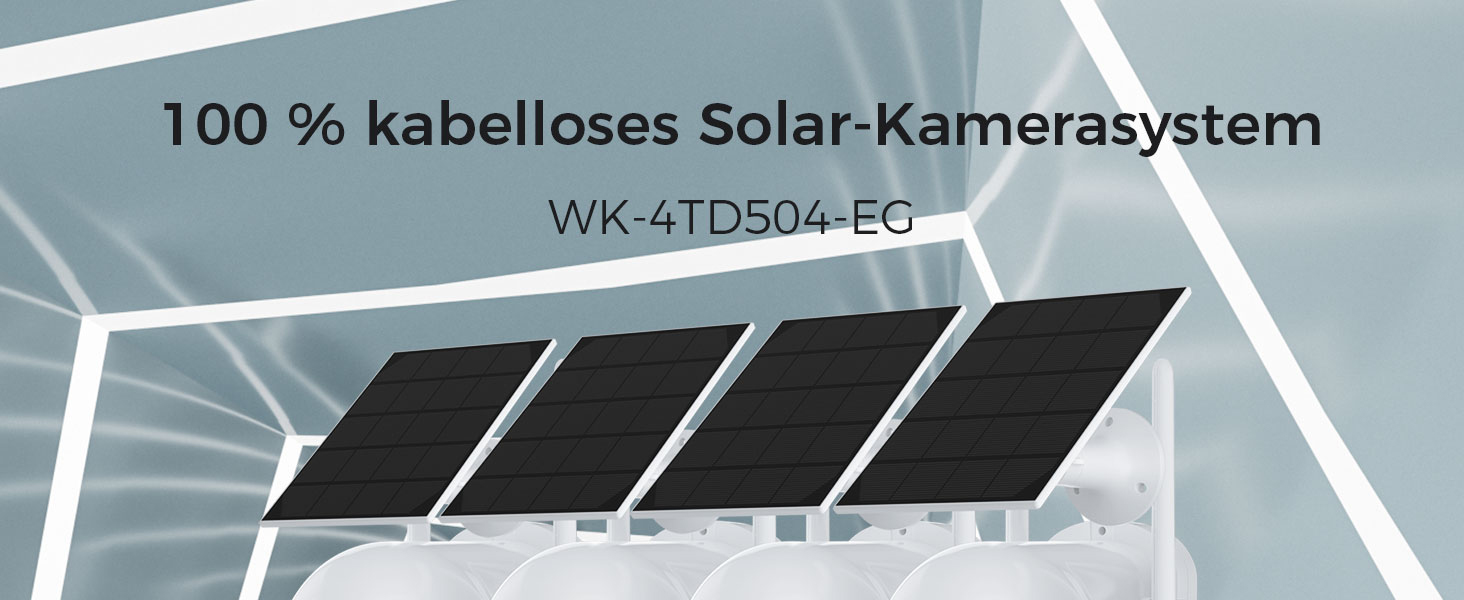 Hiseeu Solar-Kameraset: vier weisse Schwenkkameras mit aufgesetztem Solarpanel und der Funk-Rekorder mit Festplatte. – Detail 1