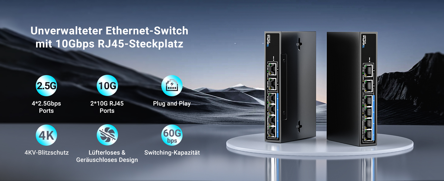 GiGaPlus S25-0402T Netzwerk-Switch im schwarzen Metallgehäuse mit vier 2.5G-Ports und zwei 10G-RJ45-Uplinks. – Detail 1