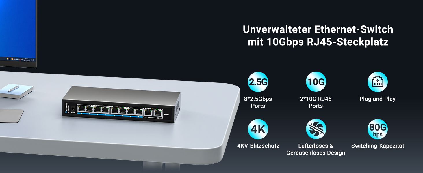GiGaPlus S25-0802T Netzwerk-Switch im schwarzen Metallgehäuse mit acht 2.5G-Ports und zwei 10G-RJ45-Uplinks. – Detail 1