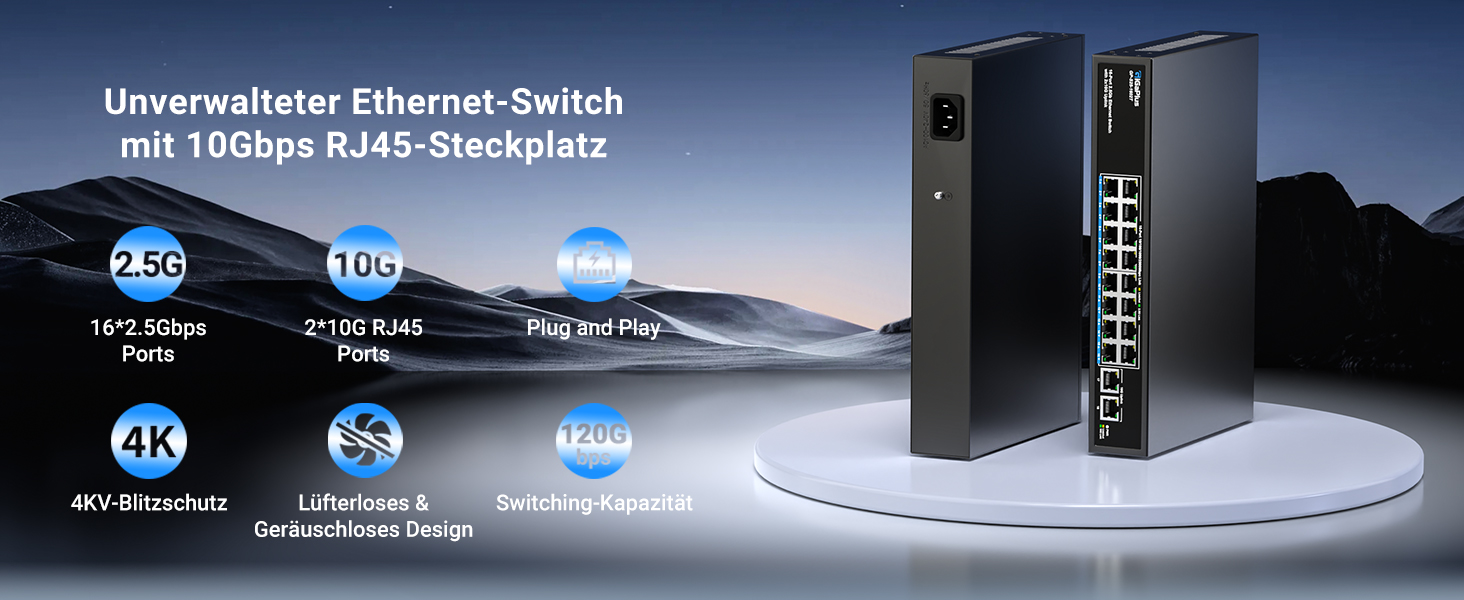 GiGaPlus S25-1602T Netzwerk-Switch im schwarzen Metallgehäuse mit sechzehn 2.5G-Ports und zwei 10G-RJ45-Uplinks. – Detail 1
