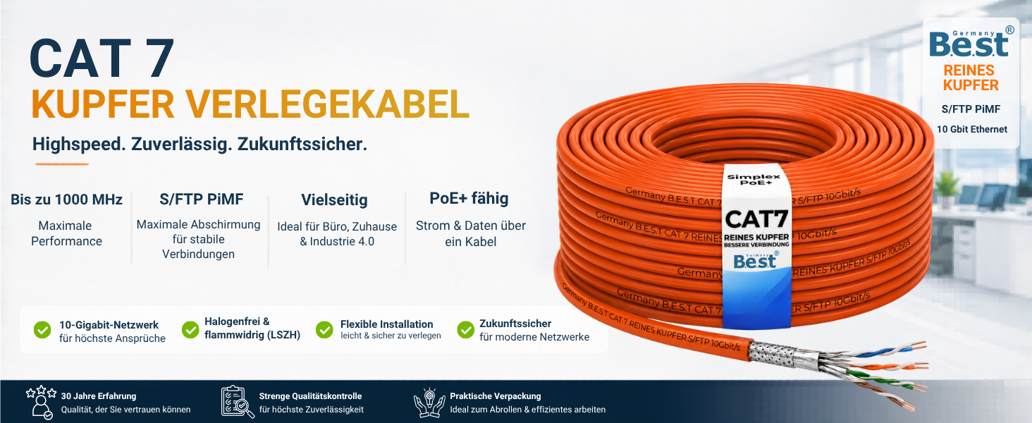 CAT-7-Verlegekabel S/FTP mit PiMF-Schirmung als 500-Meter-Ring für die feste Netzwerkverkabelung im Gebäude. – Detail 1