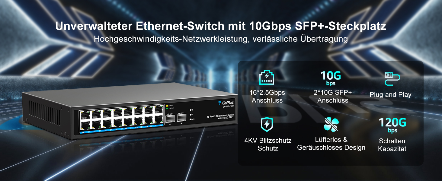 GiGaPlus S25-1602 Netzwerk-Switch im schwarzen Metallgehäuse mit sechzehn 2.5G-RJ45-Ports und zwei 10G-SFP+-Steckplätzen. – Detail 1