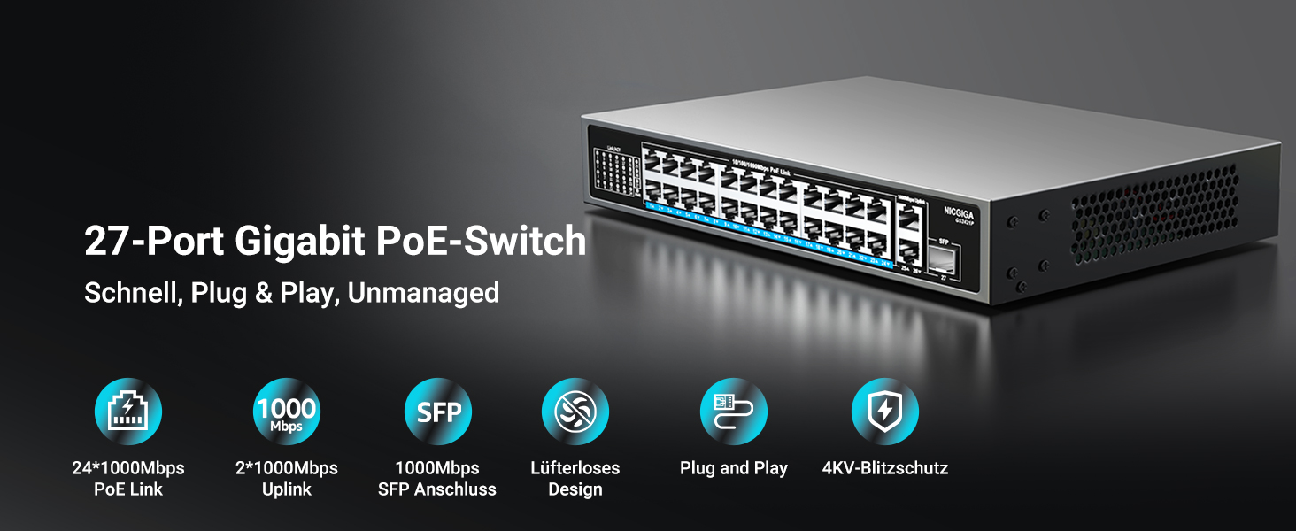 NICGIGA NIC-GS2421P PoE-Switch im schwarzen Metallgehäuse mit 24 PoE-Ports, zwei Uplink-Ports und SFP-Steckplatz. – Detail 1