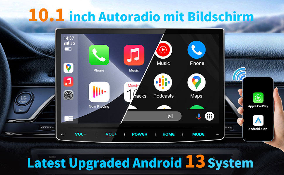 URVOLAX UR90A Autoradio mit 10,1-Zoll-Touchscreen, Rückfahrkamera, Antennen und Adapterkabeln. – Detail 1