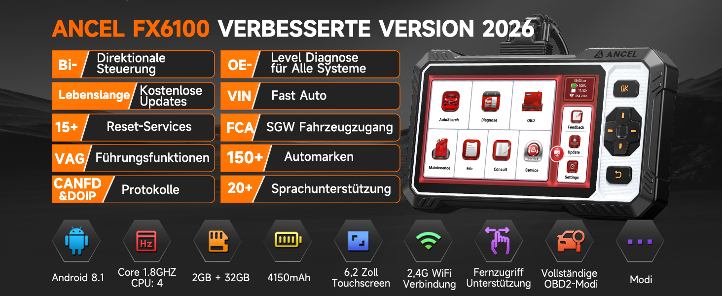 ANCEL FX6100 OBD2-Diagnosegerät mit 6,2-Zoll-Touchscreen und Diagnosekabel. – Detail 1