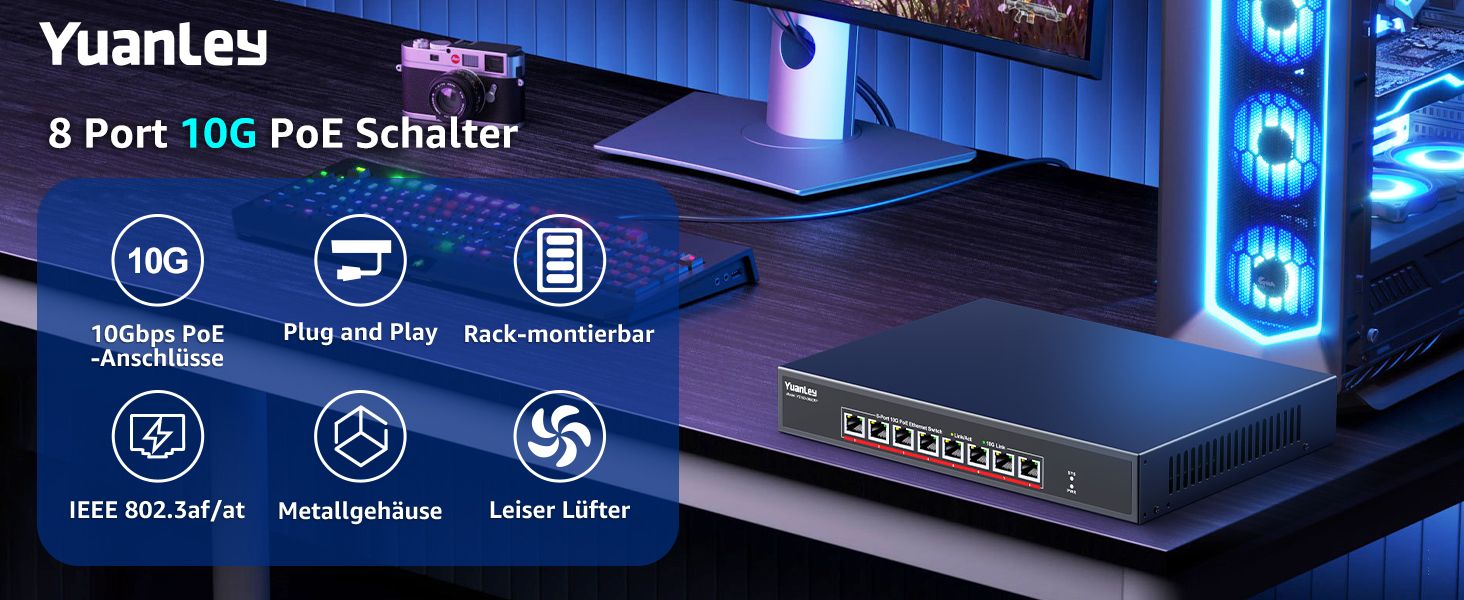 YuanLey YS100-0800TP 8-Port 10G PoE Switch im schwarzen Metallgehäuse mit acht RJ45-Ports – Detail 1
