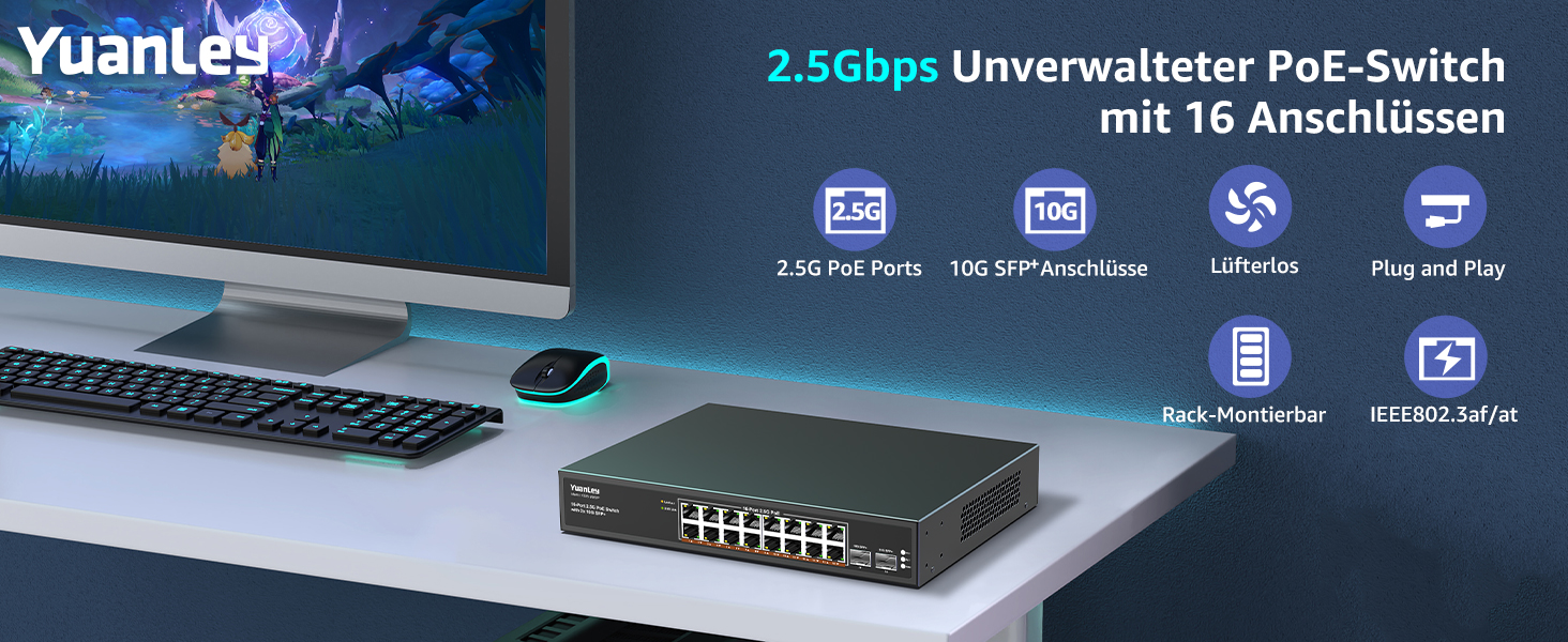 YuanLey YS25-1602P 18-Port PoE Switch mit 16 RJ45-Ports und zwei SFP+-Steckplätzen – Detail 1