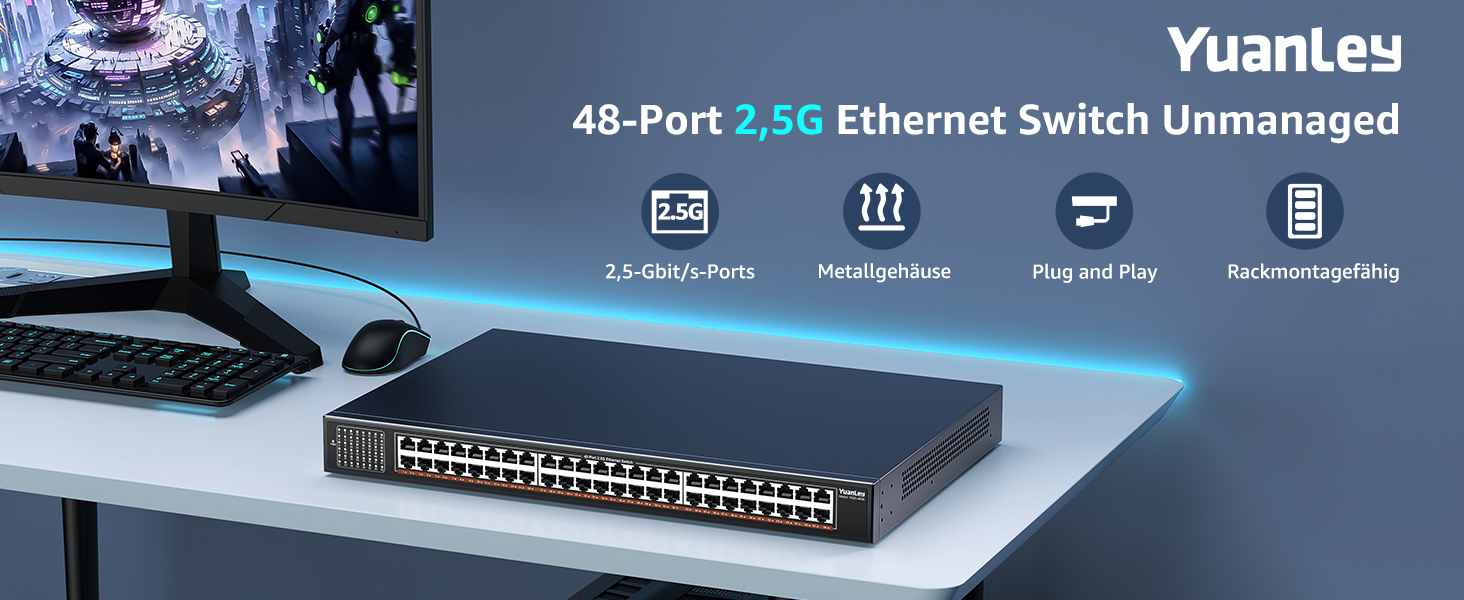 YuanLey YS25-4800-EU 48-Port 2,5G Switch im schwarzen Metallgehäuse für die 19-Zoll-Rackmontage – Detail 1