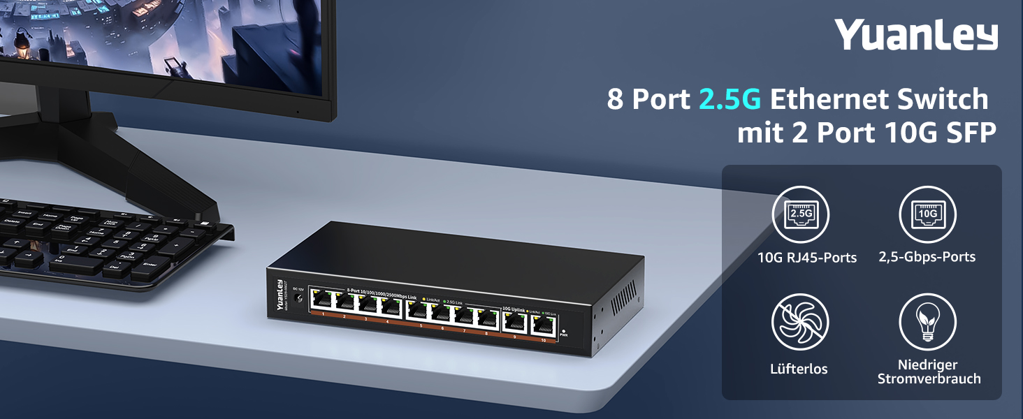 YuanLey YS25-0802T 10-Port Switch mit acht 2,5G-Ports und zwei 10G-RJ45-Ports im lüfterlosen Metallgehäuse – Detail 1