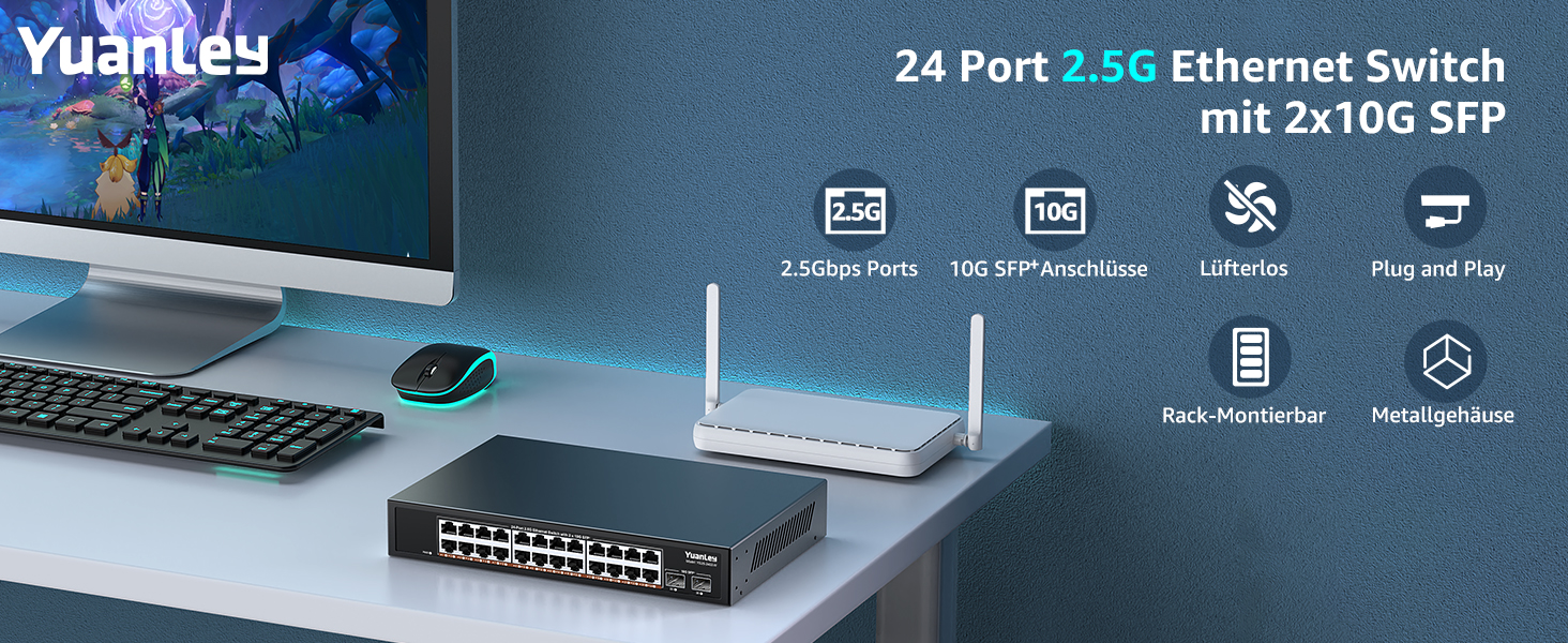 YuanLey YS25-2402-N Netzwerk-Switch mit 24 RJ45-Anschlüssen für 2,5 Gbit/s und zwei SFP+-Steckplätzen im schwarzen Metallgehäuse – Detail 1