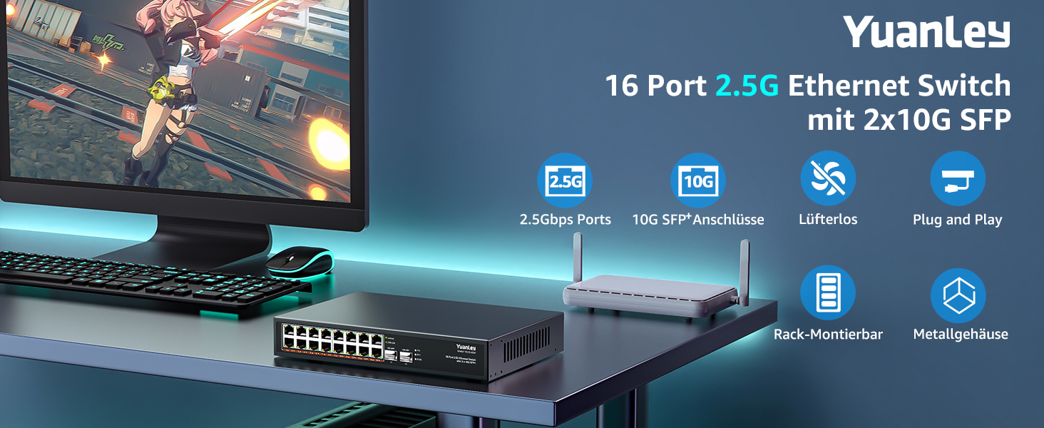 YuanLey YS25-1602 Netzwerk-Switch mit 16 RJ45-Anschlüssen für 2,5 Gbit/s und zwei SFP-Steckplätzen im schwarzen Metallgehäuse – Detail 1