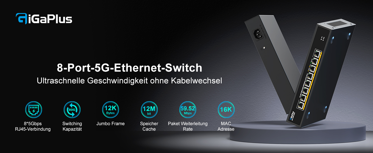 GiGaPlus S50-0800 Netzwerk-Switch mit acht RJ45-Anschlüssen für je 5 Gbit/s in schwarzem Gehäuse – Detail 1