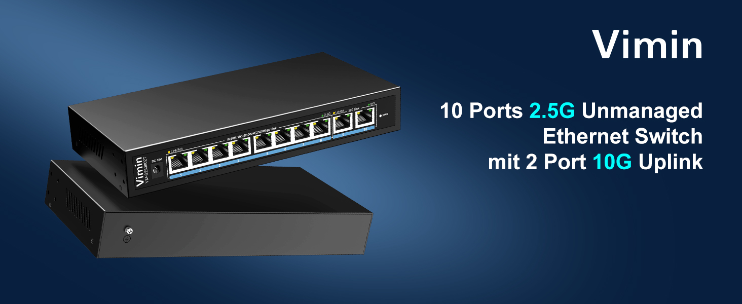 VIMIN VM-S250802T Netzwerk-Switch mit acht 2,5G-Anschlüssen und zwei 10GBASE-T-Anschlüssen in schwarzem Metallgehäuse – Detail 1