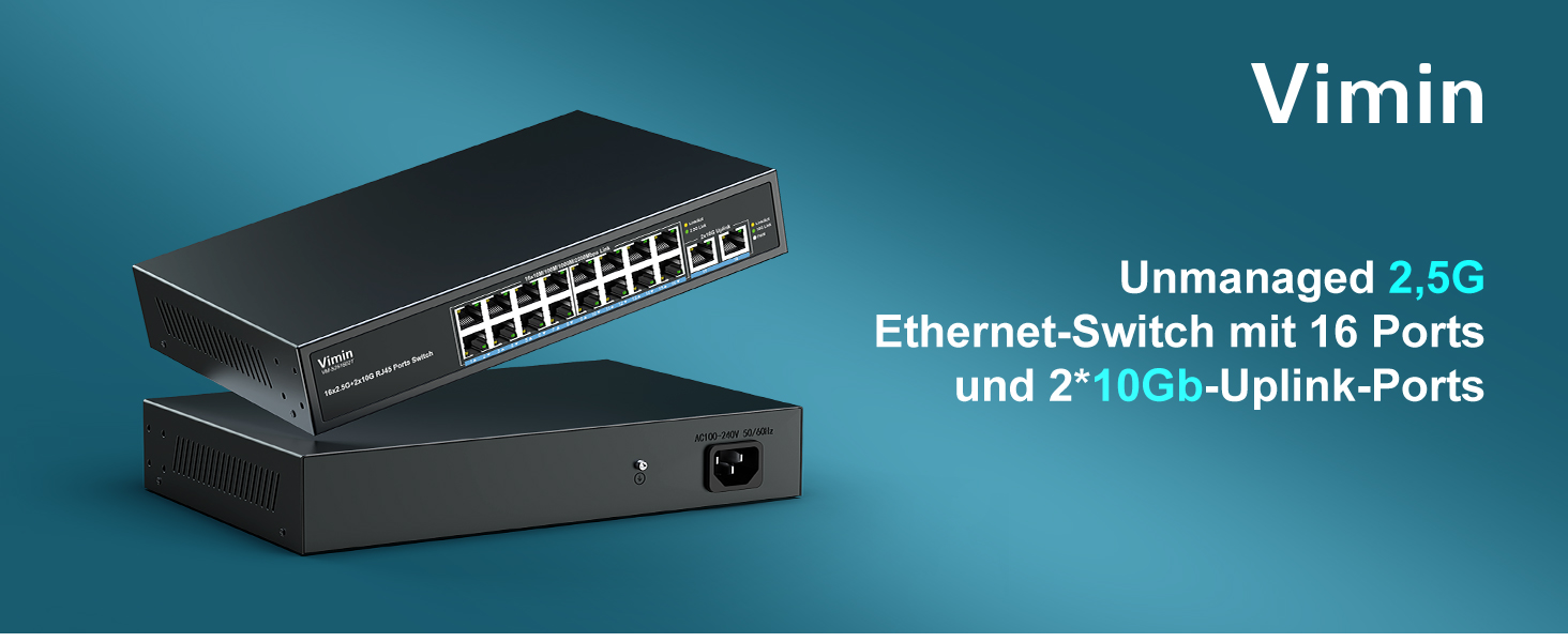 VIMIN VM-S251602T Netzwerk-Switch mit 16 Ports zu 2,5 Gbit/s und zwei 10-Gbit/s-RJ45-Ports im schwarzen Metallgehäuse – Detail 1