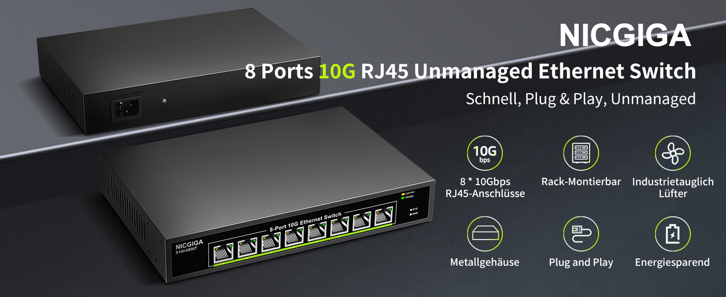 NICGIGA S100-0800T Netzwerk-Switch mit acht 10-Gbit/s-RJ45-Ports im schwarzen Metallgehäuse für die 19-Zoll-Montage – Detail 1