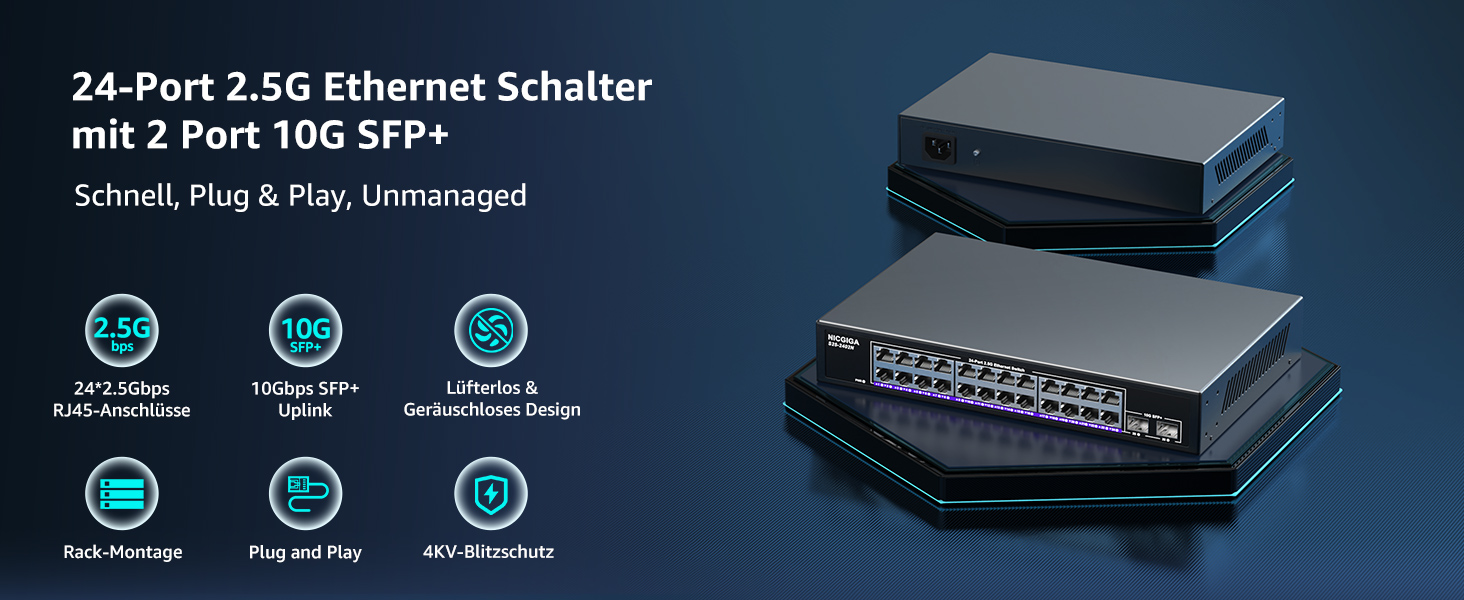 NICGIGA S25-2402N Netzwerk-Switch mit 24 Ports zu 2,5 Gbit/s und zwei SFP+-Steckplätzen im lüfterlosen Metallgehäuse – Detail 1
