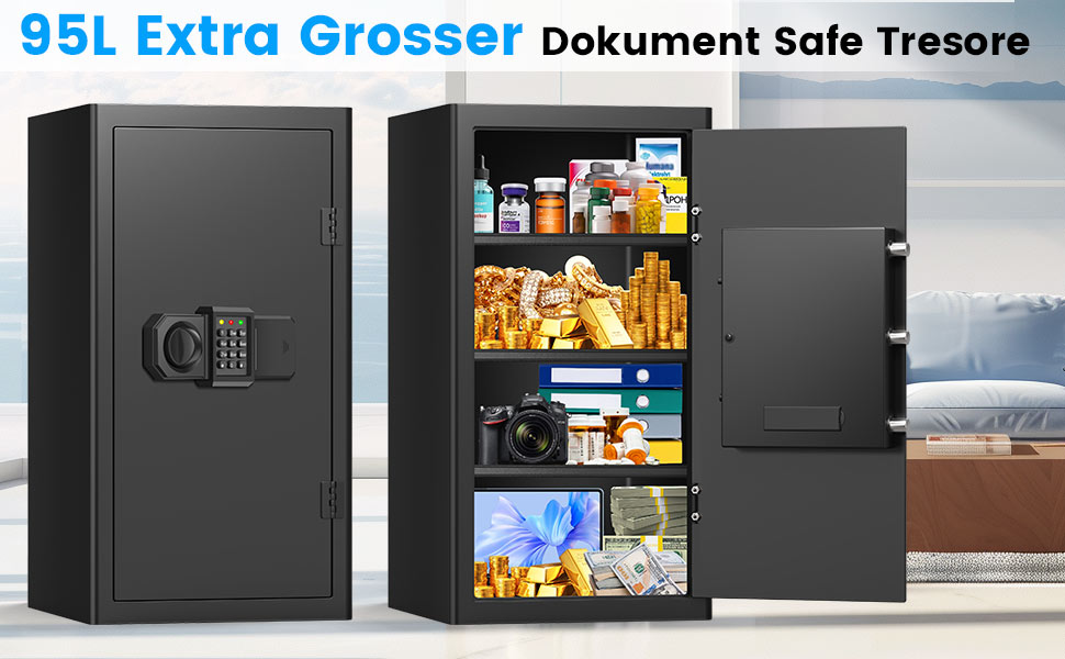 Schwarzer Tiskgg Standtresor mit 85 Liter, beleuchtete Tastatur des Zahlenschlosses und Drehknauf, geöffnete Tür mit herausnehmbarem Regal – Detail 1