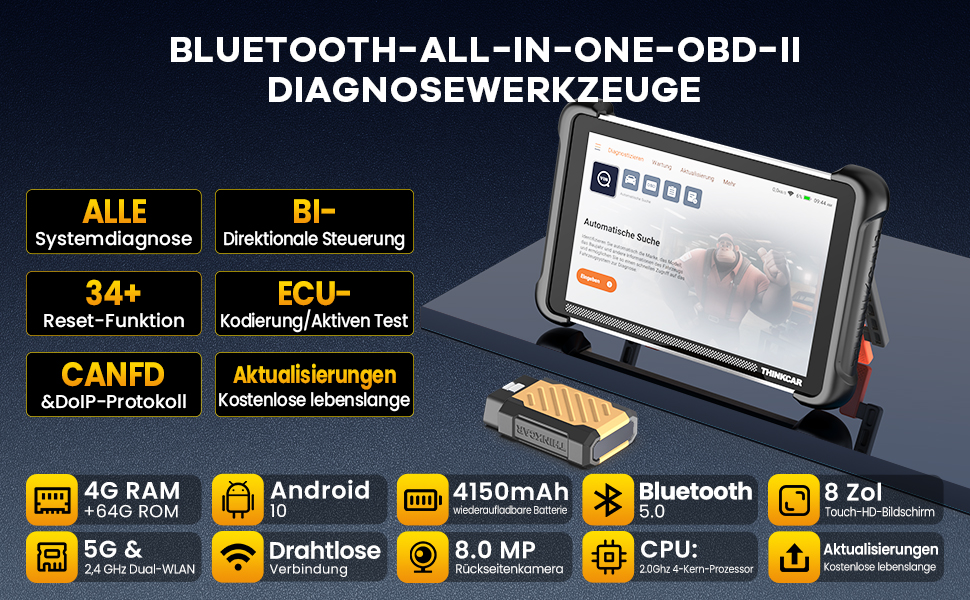 THINKCAR ThinkScan 689BT OBD2-Diagnosegerät mit 8-Zoll-Tablet und Bluetooth-Dongle für den OBD-Anschluss – Detail 1