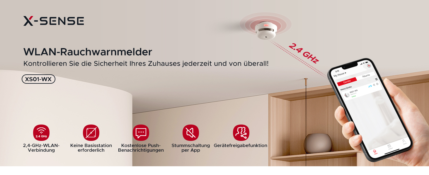 Sechs weisse X-Sense XS01-WX WLAN-Rauchmelder mit runder Testtaste in der Mitte – Detail 1