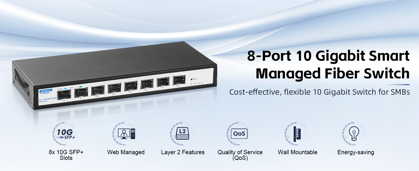 YuLinca Managed Switch mit acht SFP+-Plätzen im schwarzen Metallgehäuse, Frontansicht – Detail 1