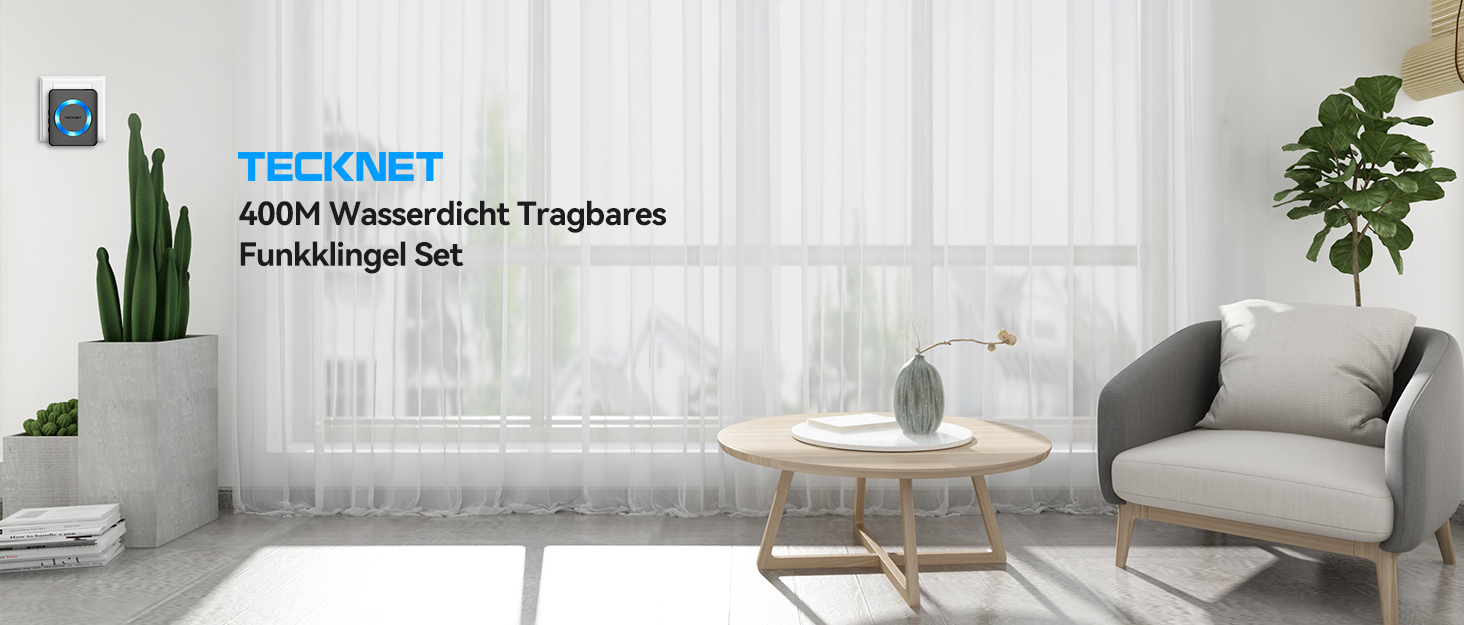 TECKNET Funk-Türklingel Set mit zwei Klingeltastern und vier Steckdosen-Empfängern – Detail 1