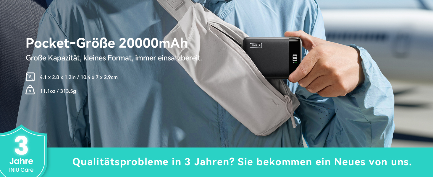 INIU P512 Powerbank 20000 mAh in Schwarz mit zwei USB-C- und einem USB-A-Anschluss – Detail 1