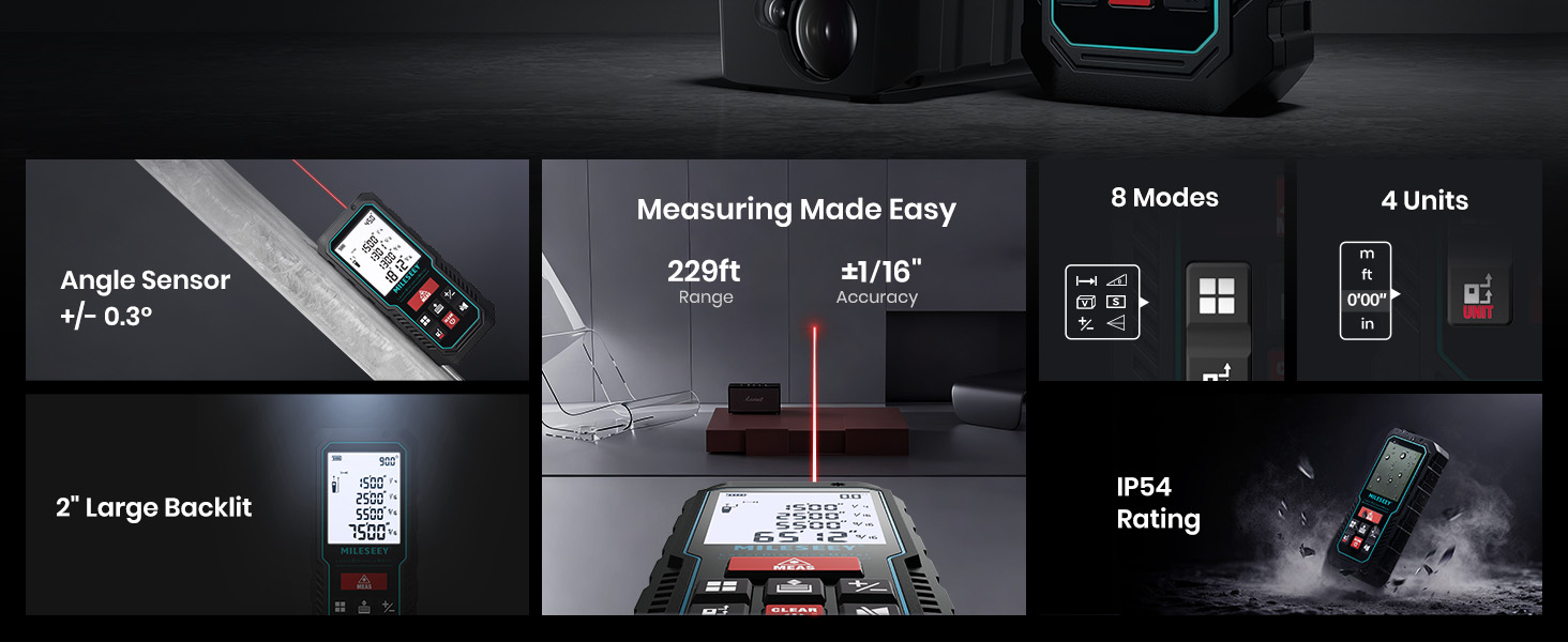 MiLESEEY D5 Laser-Entfernungsmesser in Schwarz mit beleuchtetem Display und Tastenfeld – Detail 1