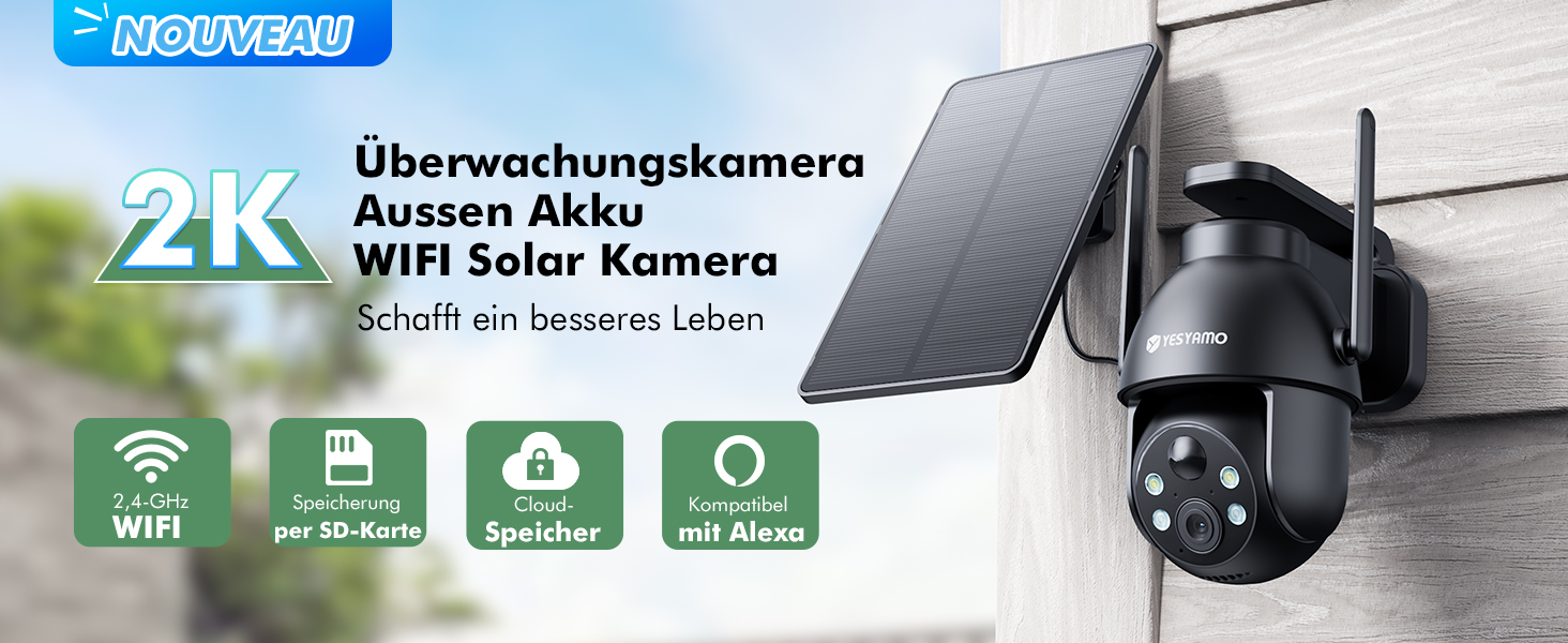 Schwarze YESYAMO ZS-GX8S Solar-Überwachungskamera mit schwenkbarem Kopf und Solarpanel – Detail 1