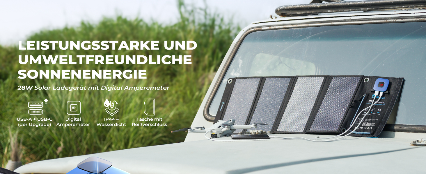 BigBlue B401D faltbares 28-Watt-Solarpanel aufgeklappt mit USB-Anschlüssen und Stromanzeige – Detail 1
