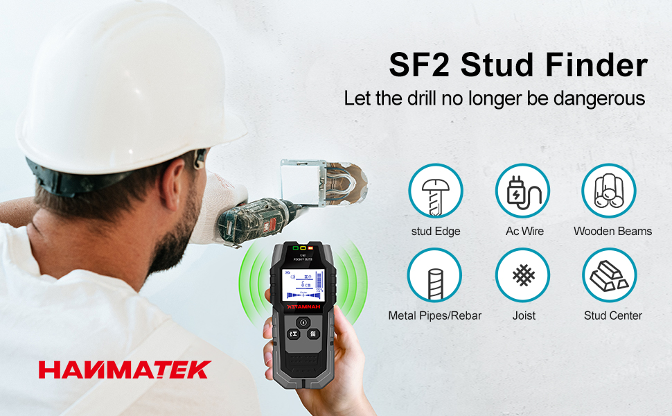 HANMATEK SF2 Wandscanner in Grau mit beleuchtetem LCD beim Orten einer Leitung – Detail 1