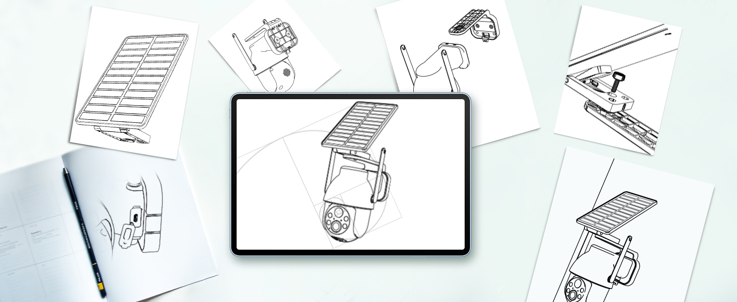 Zwei graue YESYAMO C8TB Solar-Überwachungskameras mit schwenkbarem Kopf und Solarpanel – Detail 1
