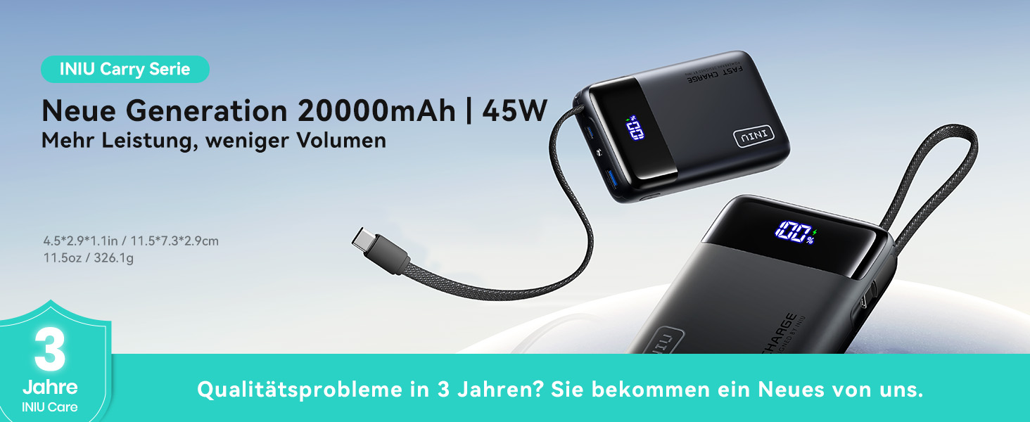 INIU P51L Powerbank 20000 mAh in Schwarz mit integriertem USB-C-Kabel und Prozentanzeige – Detail 1