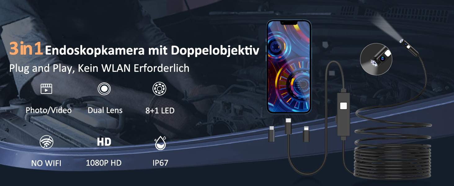 Endoskopkamera W400-B mit Doppellinse und LED-Beleuchtung am 5 m langen halbstarren Kabel – Detail 1