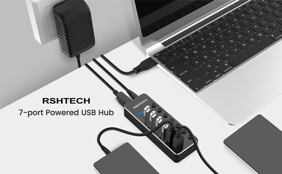 RSHTECH RSH-518 USB-3.0-Hub mit sieben Ports, Einzelschaltern und Netzteil – Detail 1