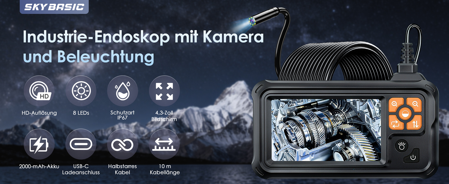 SKYBASIC P100-10M Endoskopkamera mit 4,3-Zoll-Bildschirm und 10 Meter halbstarrem Kabel – Detail 1