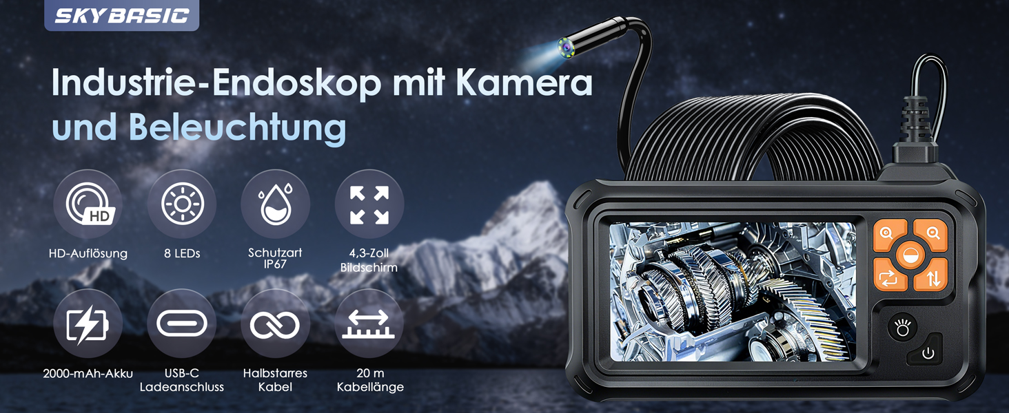 SKYBASIC P100-20M Endoskopkamera mit 4,3-Zoll-Bildschirm und 20 Meter halbstarrem Kabel – Detail 1