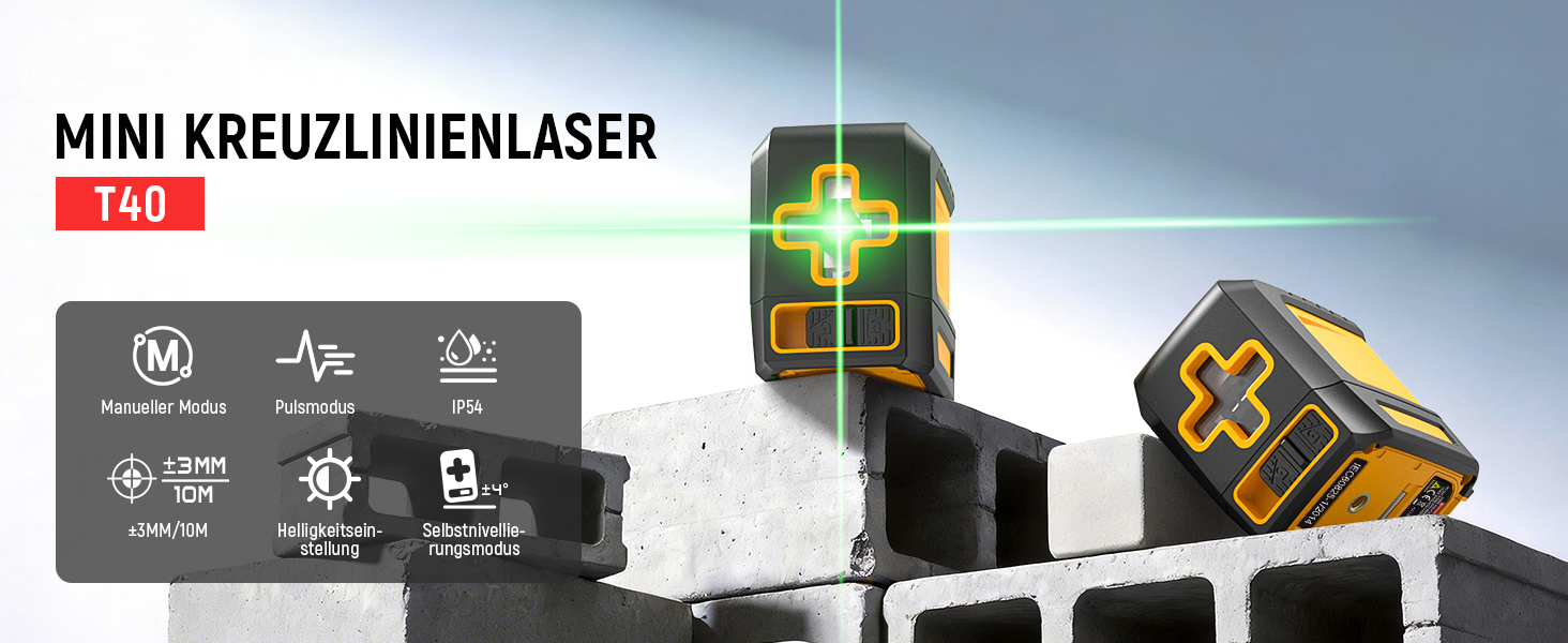 KAIWEETS T40 Kreuzlinienlaser mit grüner Kreuzlinie, klappbarem L-Halter und Magnetfuss – Detail 1